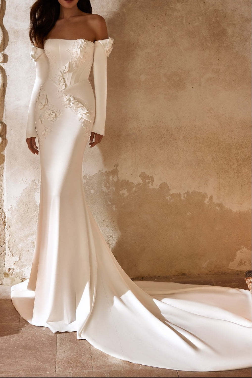 applique mermaid wedding dress Off-Shoulder Applique Mermaid Wedding Gown