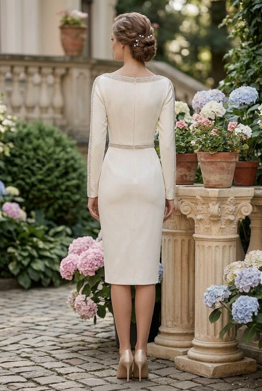 Beaded Bateau Midi Sheath Dress with Long Sleeves