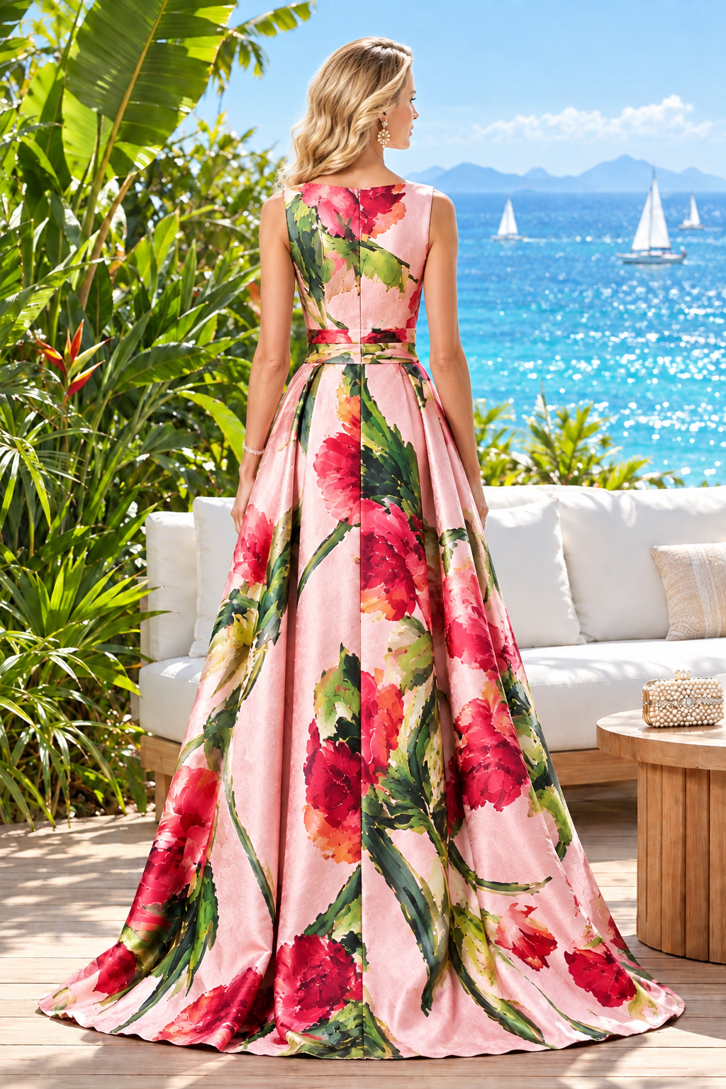 Floral Print Bateau A-Line Gown
