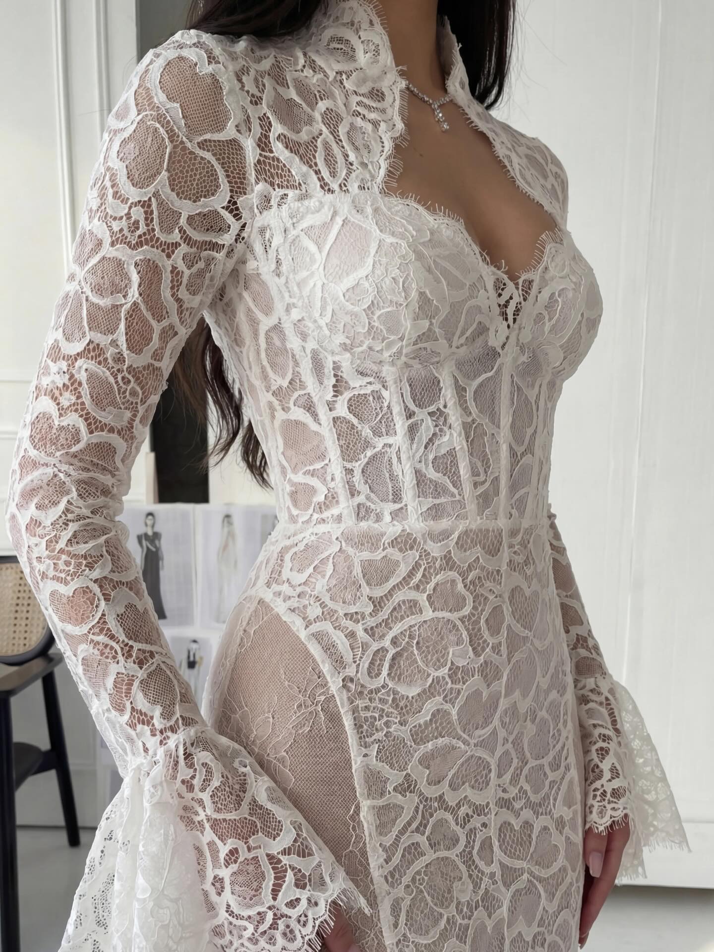 Long Bell Sleeve Lace Corset Mermaid Wedding Dress