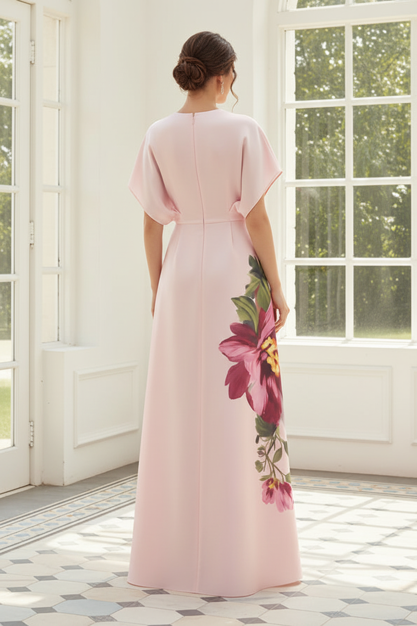 Floral Print Satin A-Line Maxi Dress Cape Sleeves