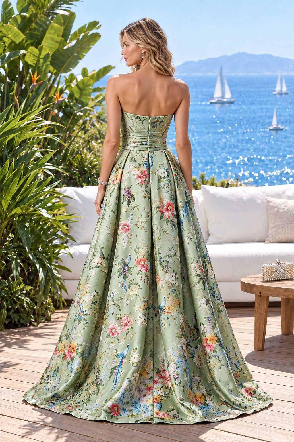 Strapless Floral Print Satin A-Line Gown
