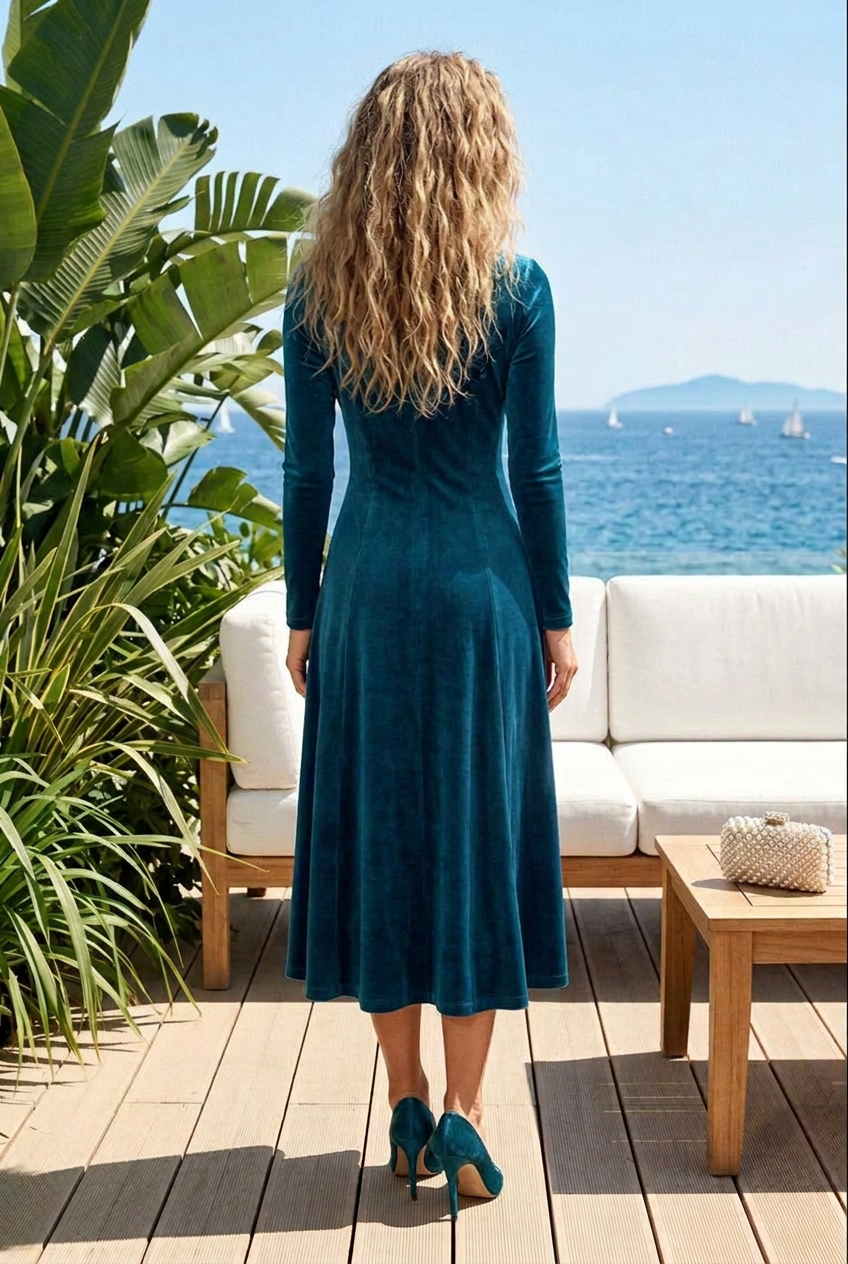 Floral Applique Long Sleeve Velvet Midi Dress