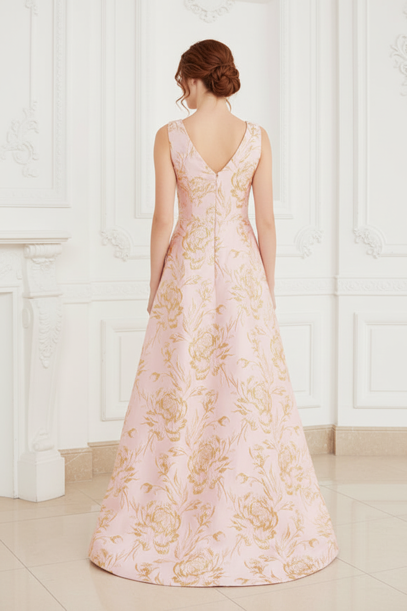 Sleeveless Floral Jacquard A-Line Gown
