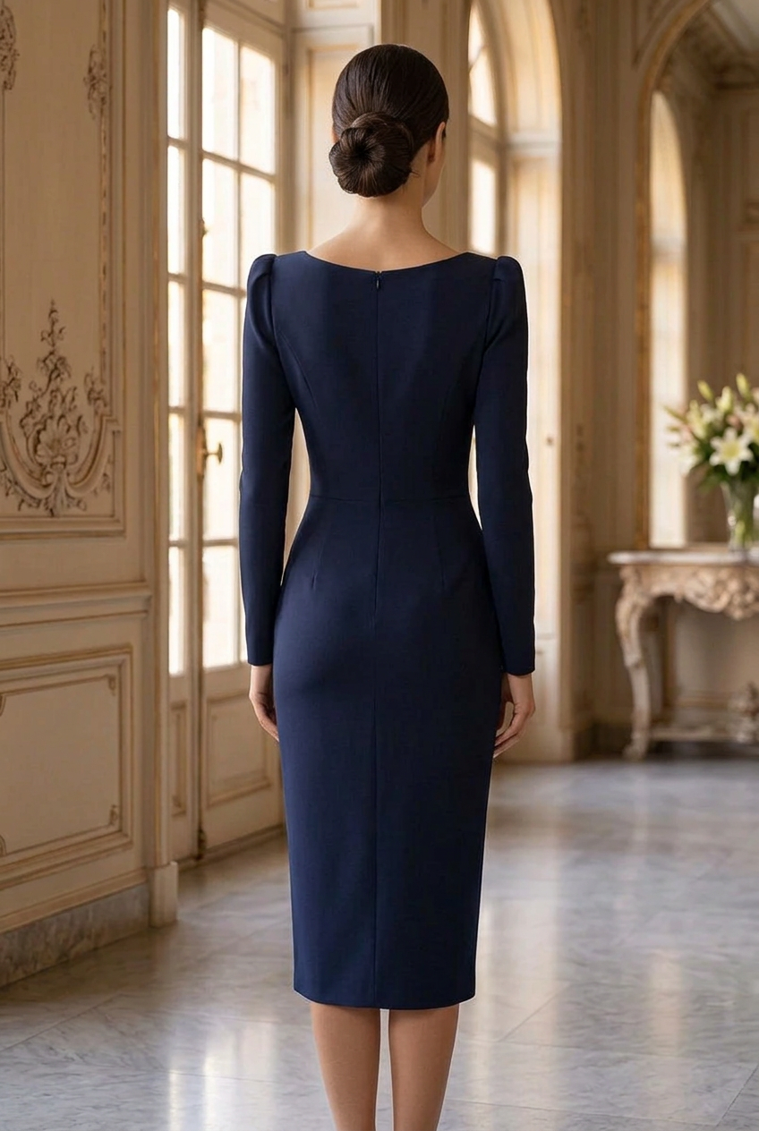 Ruched Long Sleeve Sheath Midi Dress with Slit