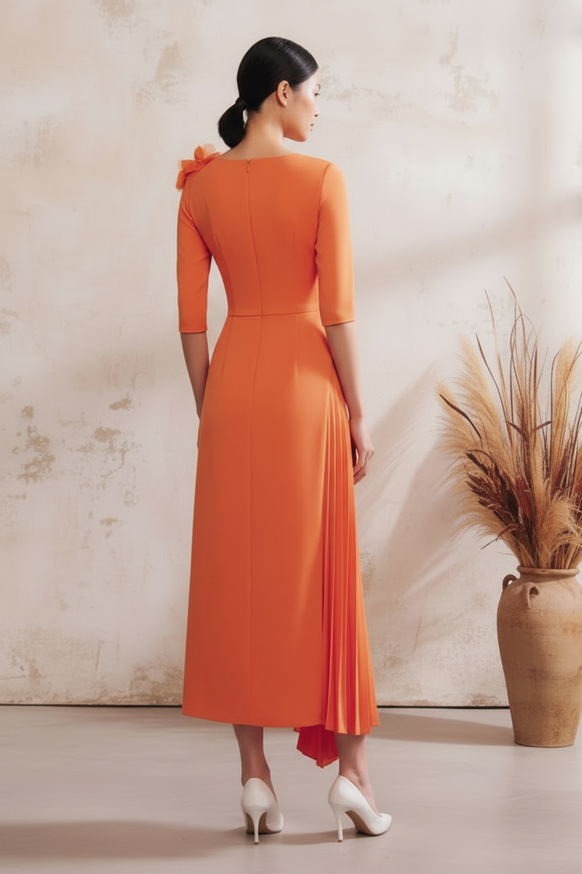 Asymmetrical Pleated Midi Dress with 3D Flowers