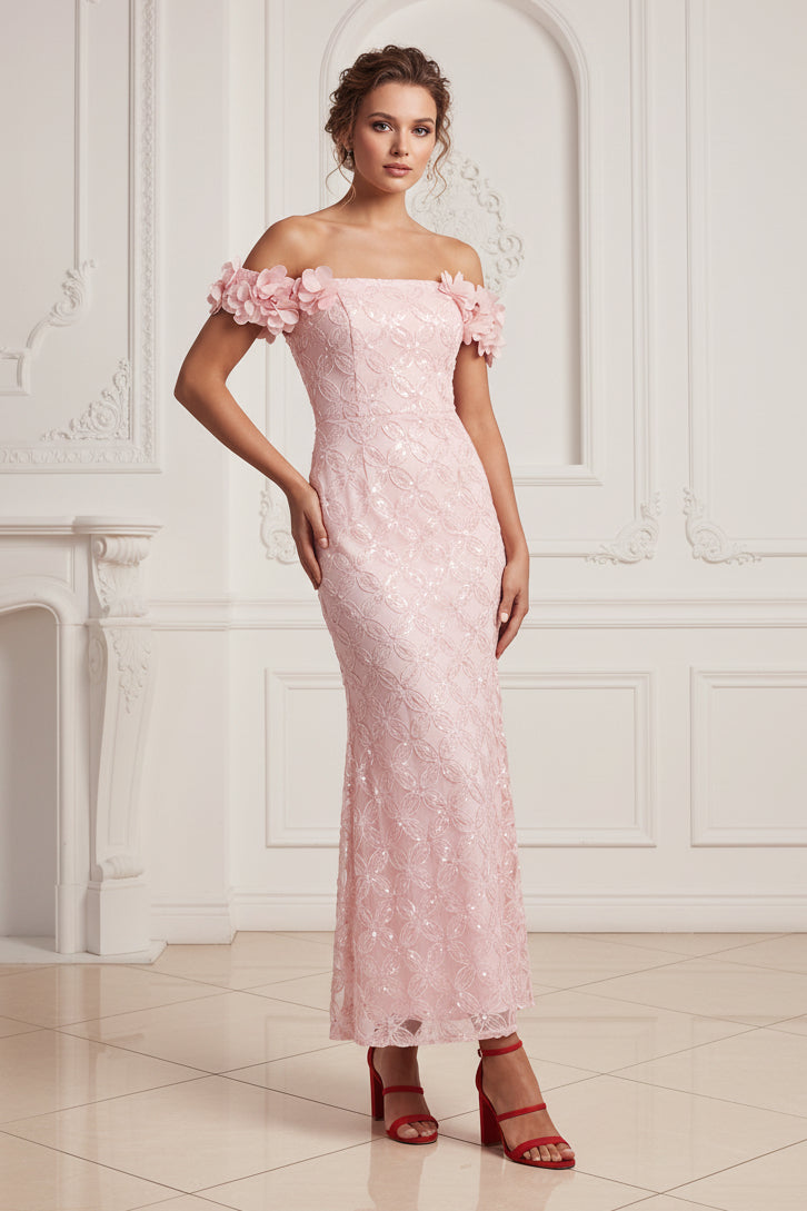Off-the-Shoulder 3D Floral Sequin Column Dress