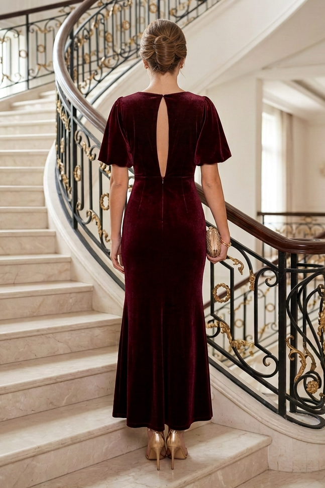 Velvet Maxi Dress with Flutter Sleeves