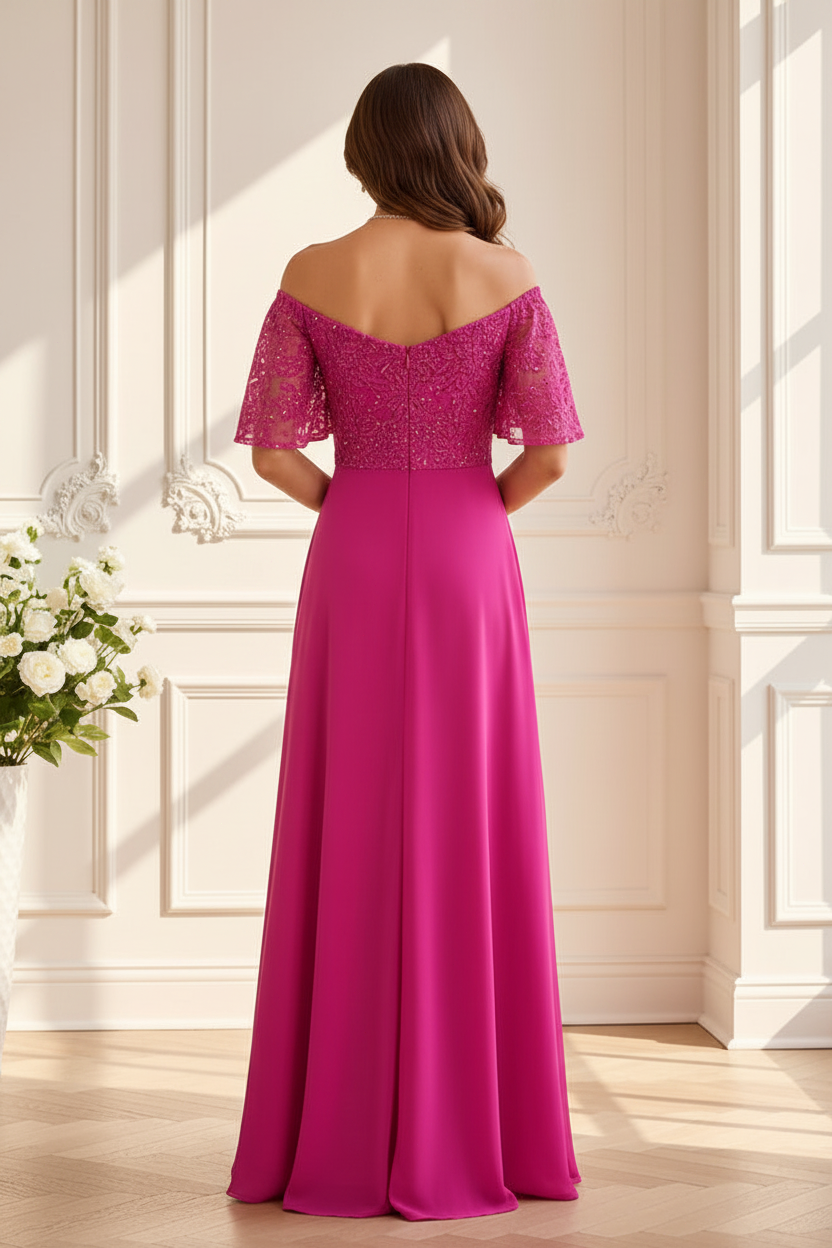 Off-Shoulder Lace Bodice A-Line Evening Gown