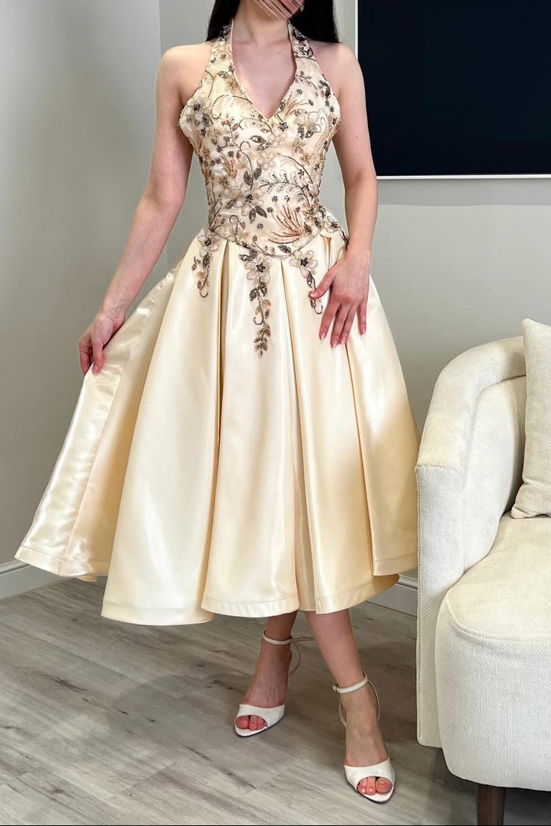 halter tea length dress Embroidered Tea-Length A-Line Gray Dresses for Women Available in Sky Blue style_print Size:1XL/2XL