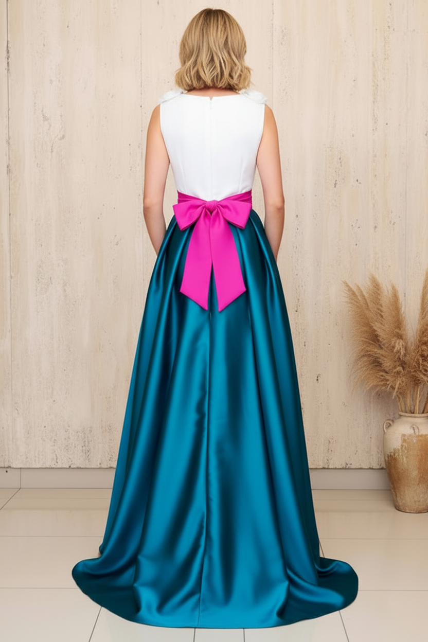 Elegant Color Block Satin A-Line Gown with 3D Floral Neckline and Bow Sash