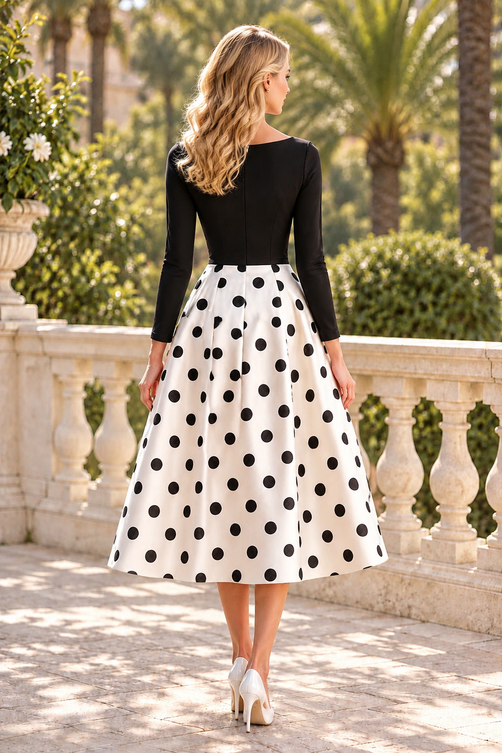 Polka Dot Midi Dress with Long Sleeves
