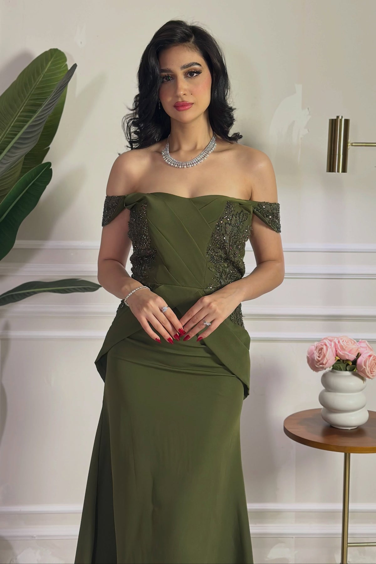 Off-the-Shoulder Beaded Evening Gown with Peplum