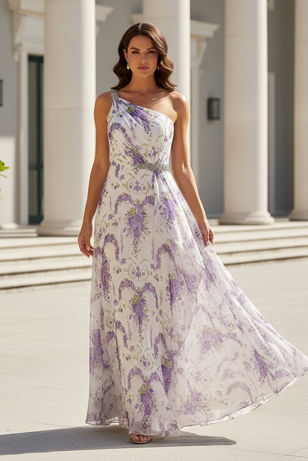One-Shoulder Floral Print Chiffon A-Line Evening Gown