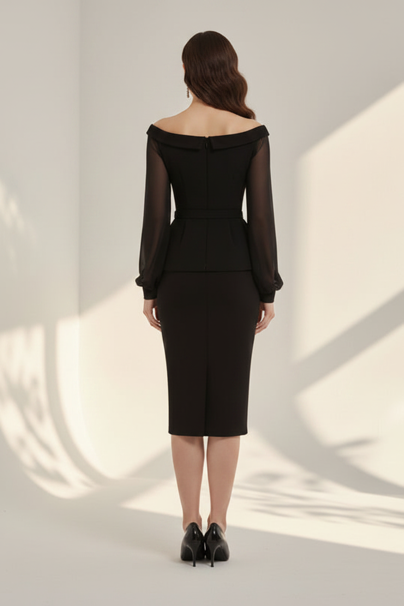 Off-the-Shoulder Peplum Midi Dress with Sheer Sleeves