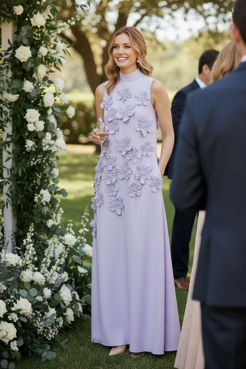 Elegant High Neck Sleeveless 3D Floral Maxi Dress