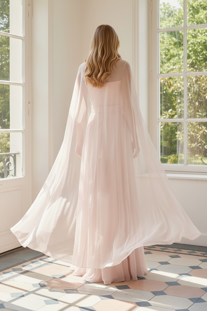 Cape Sleeve Pleated Chiffon Evening Gown