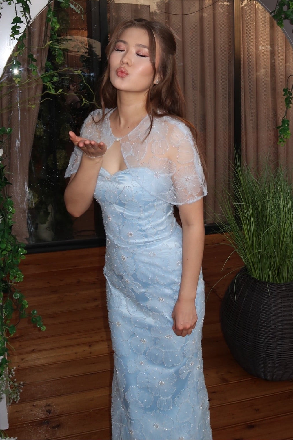 Beaded Lace Column Gown with Matching Capelet