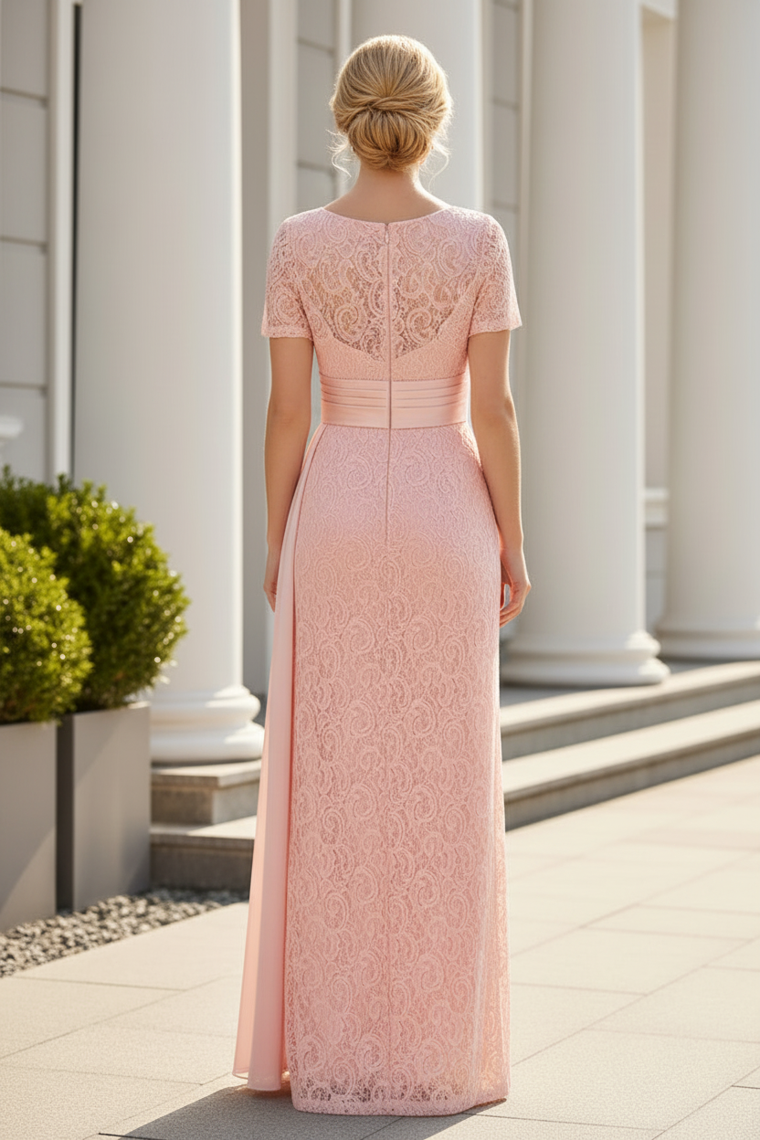 Lace Floor-Length Evening Gown with Satin Side Drape