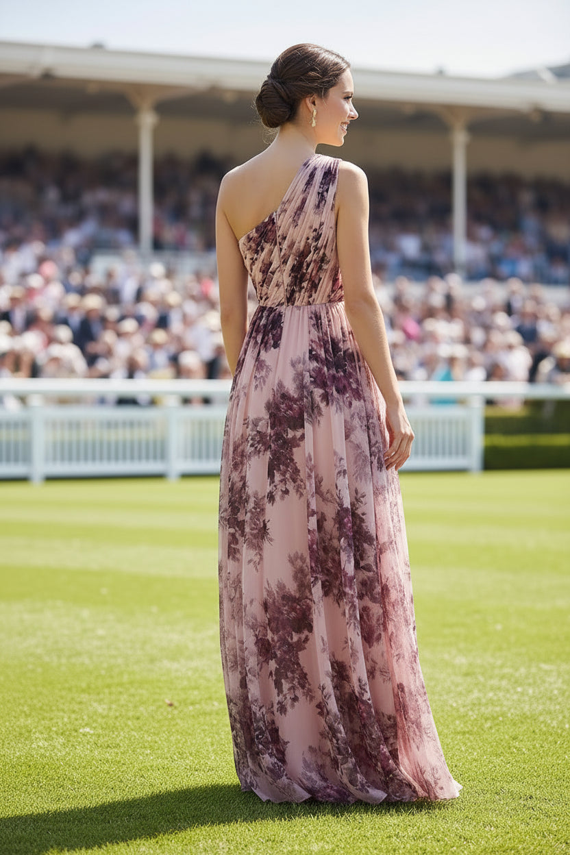 One Shoulder Floral Print Chiffon Maxi Dress