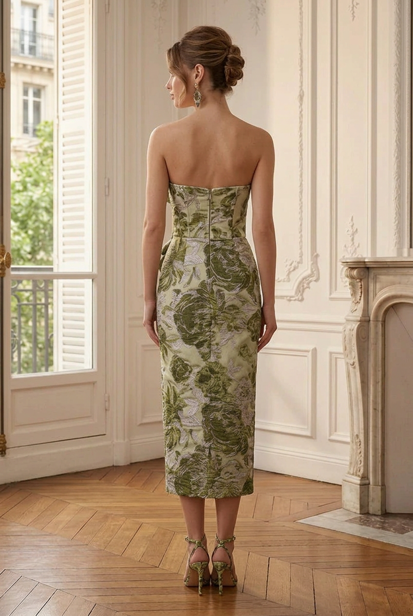 Strapless Floral Midi Dress with 3D Flowers