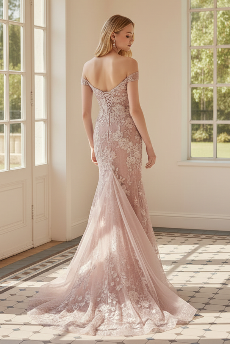 Floral Embroidered Off-the-Shoulder Trumpet Gown