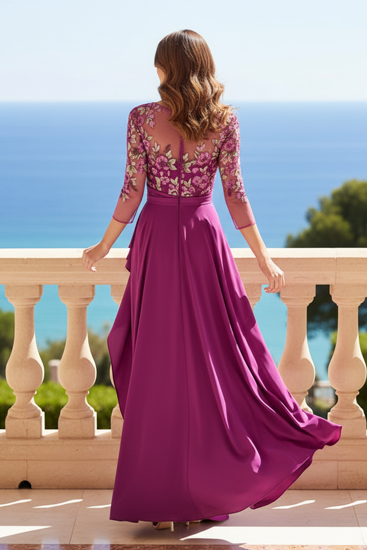 Floral Embroidered Bodice Gown with Cascade Ruffle
