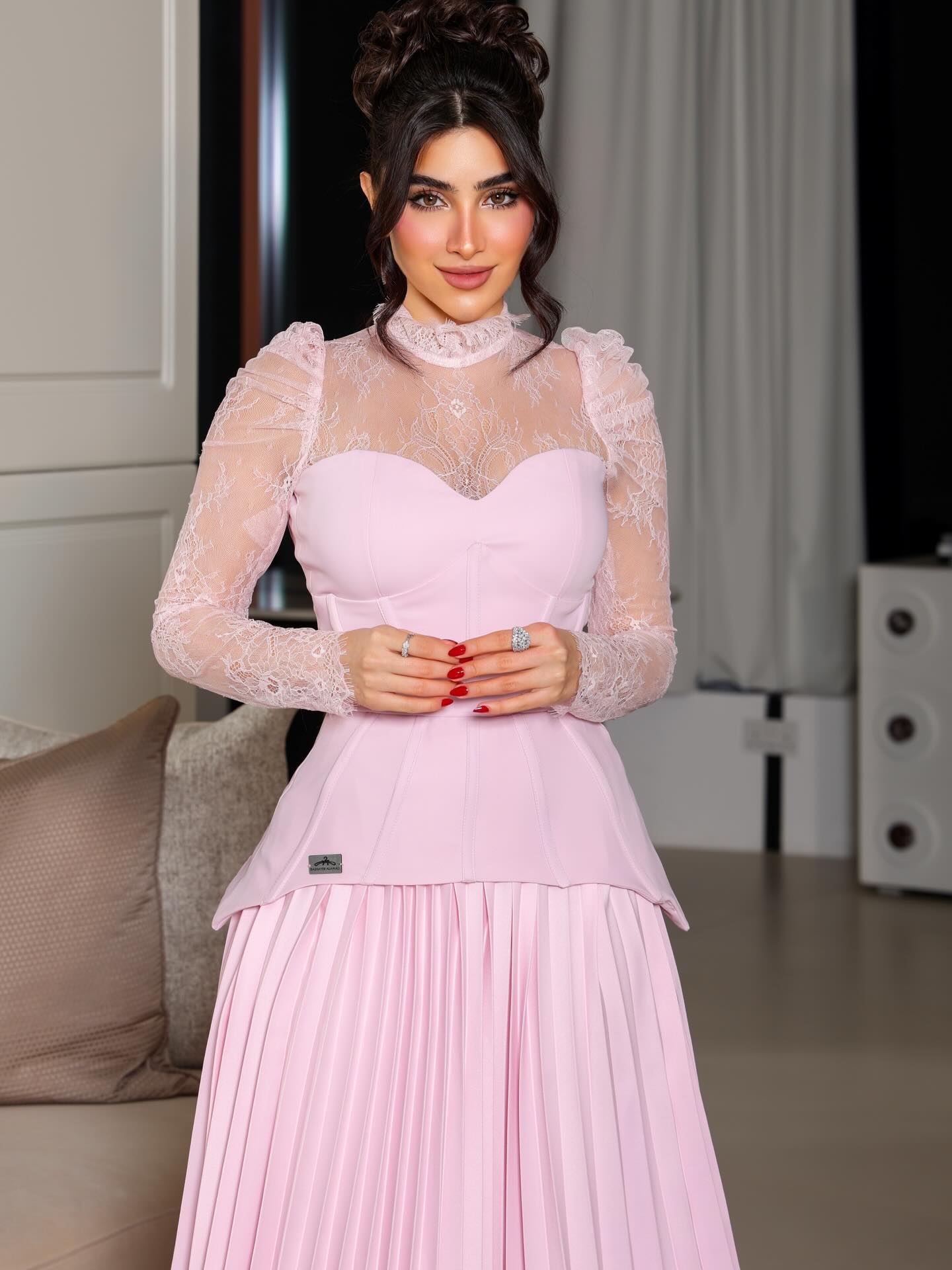 Elegant Lace High-Neck Corset and Pleated Maxi Dress