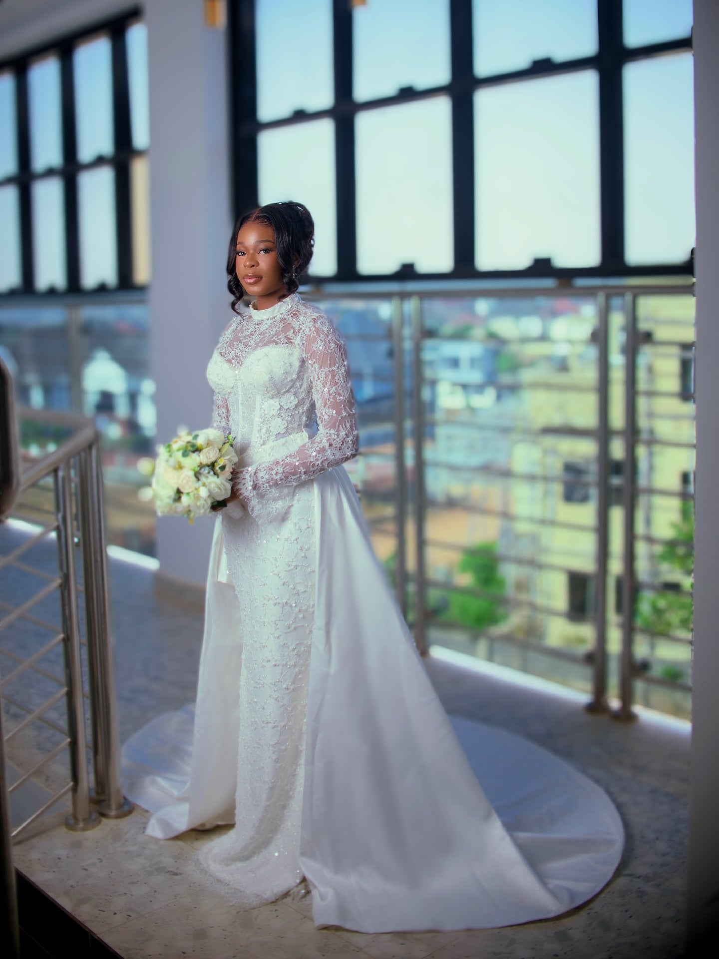 High Neck Long Sleeve Lace Bridal Gown With Overskirt