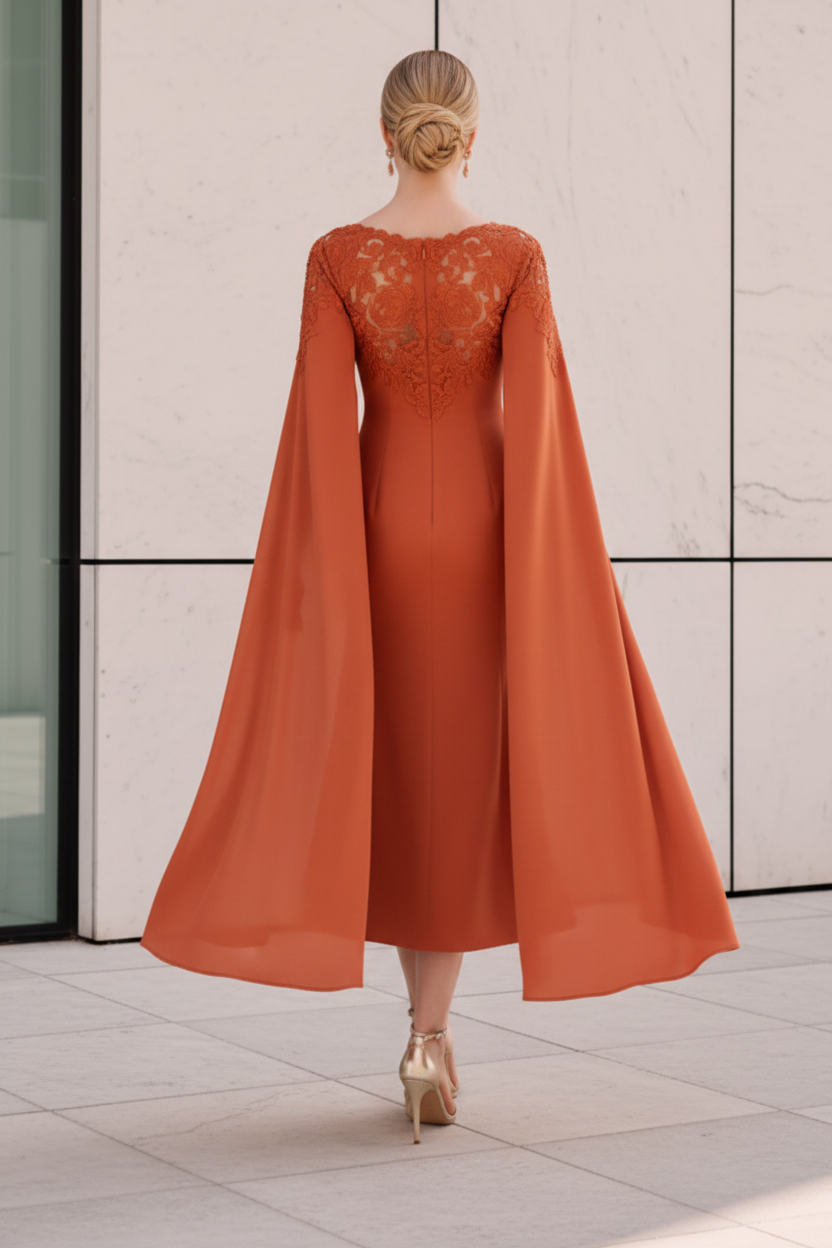 Lace Applique Cape Sleeve Midi Dress