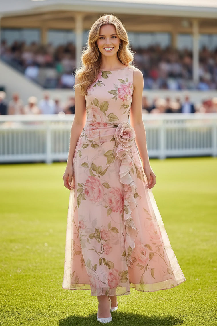 Sleeveless Floral Print A-Line Tea-Length Dress