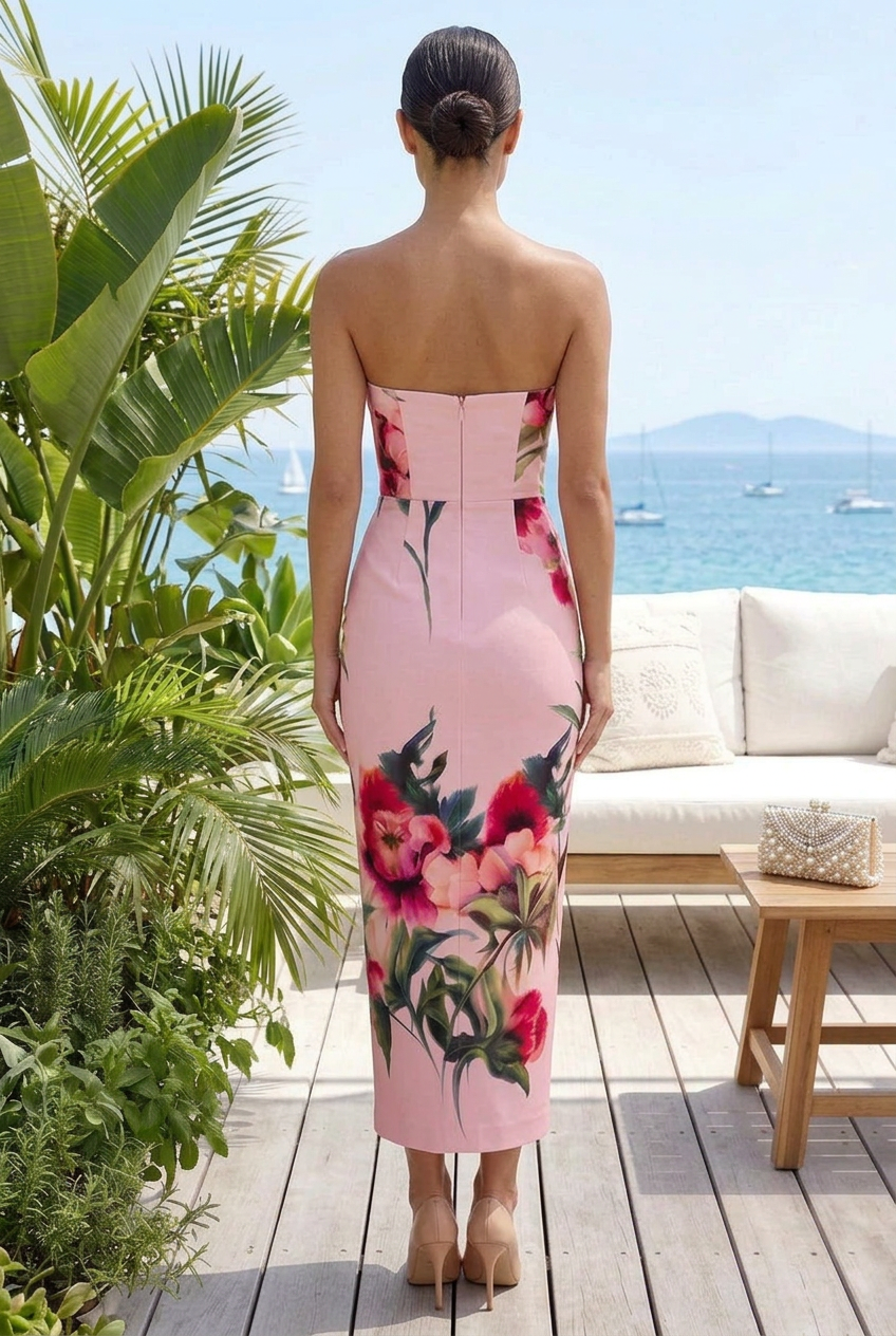 Strapless Floral Print Column Midi Dress