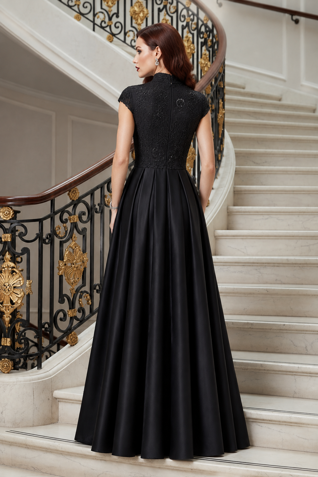 Embroidered High-Neck Gown with Pleated Satin Skirt