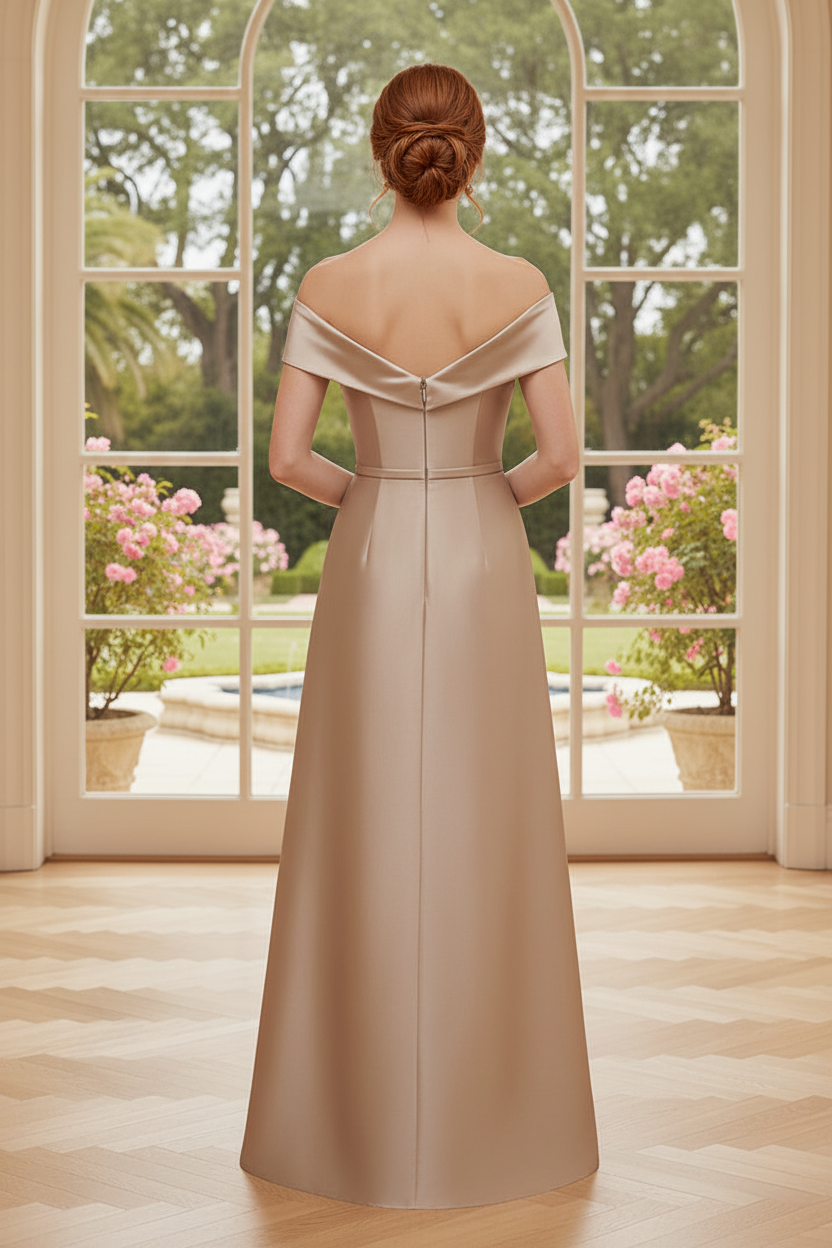 Off the Shoulder Pleated Satin A-Line Evening Gown