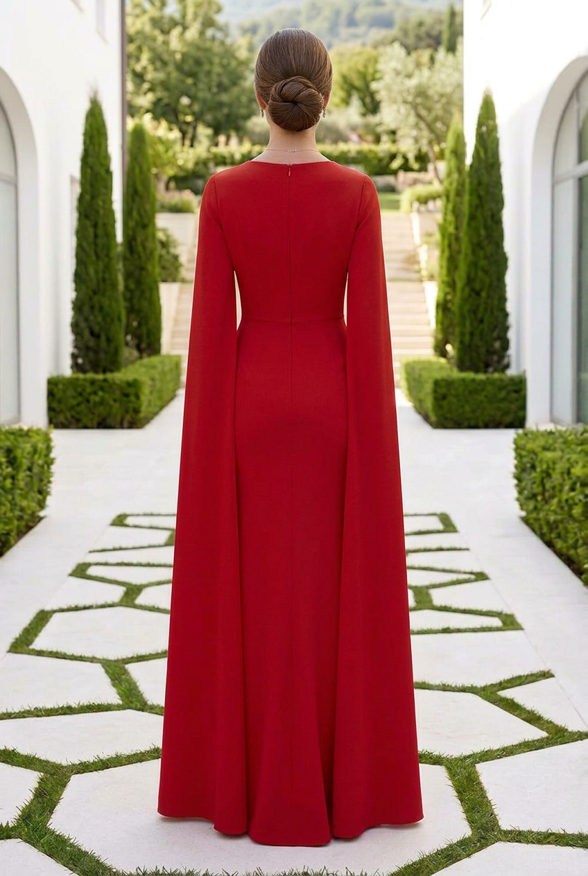 Cape Sleeve Floor-Length Evening Gown with Appliques