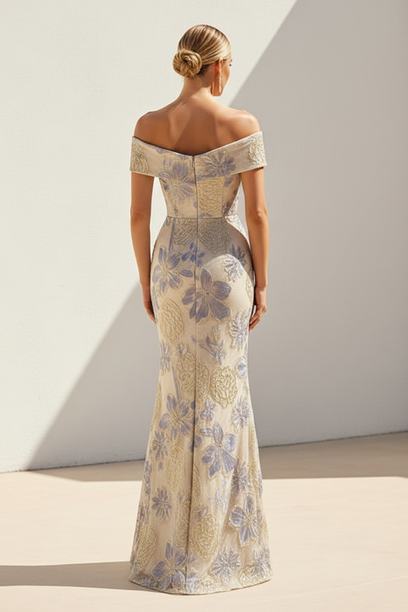 Off-the-Shoulder Floral Embroidered Evening Gown