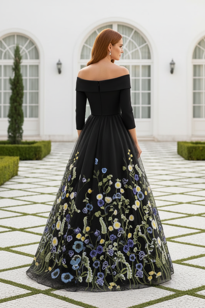 Off-Shoulder Floral Embroidered Ball Gown