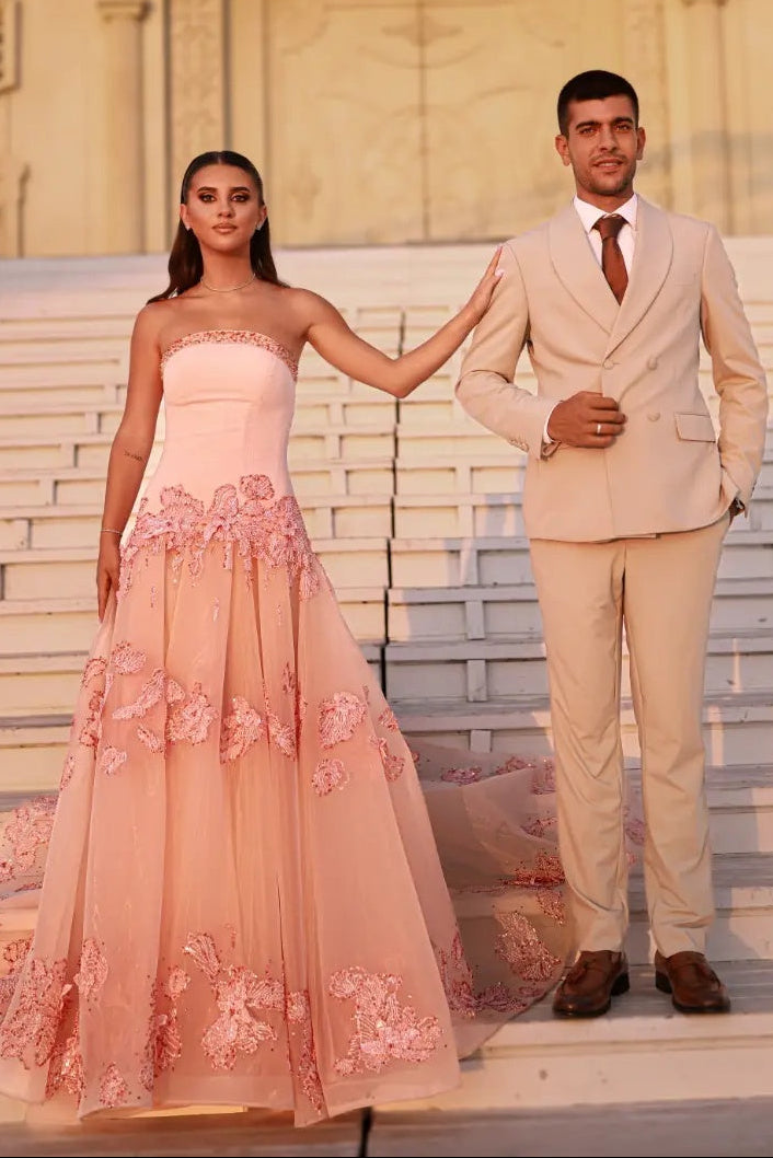 Strapless Floral Applique Evening Gown with Train