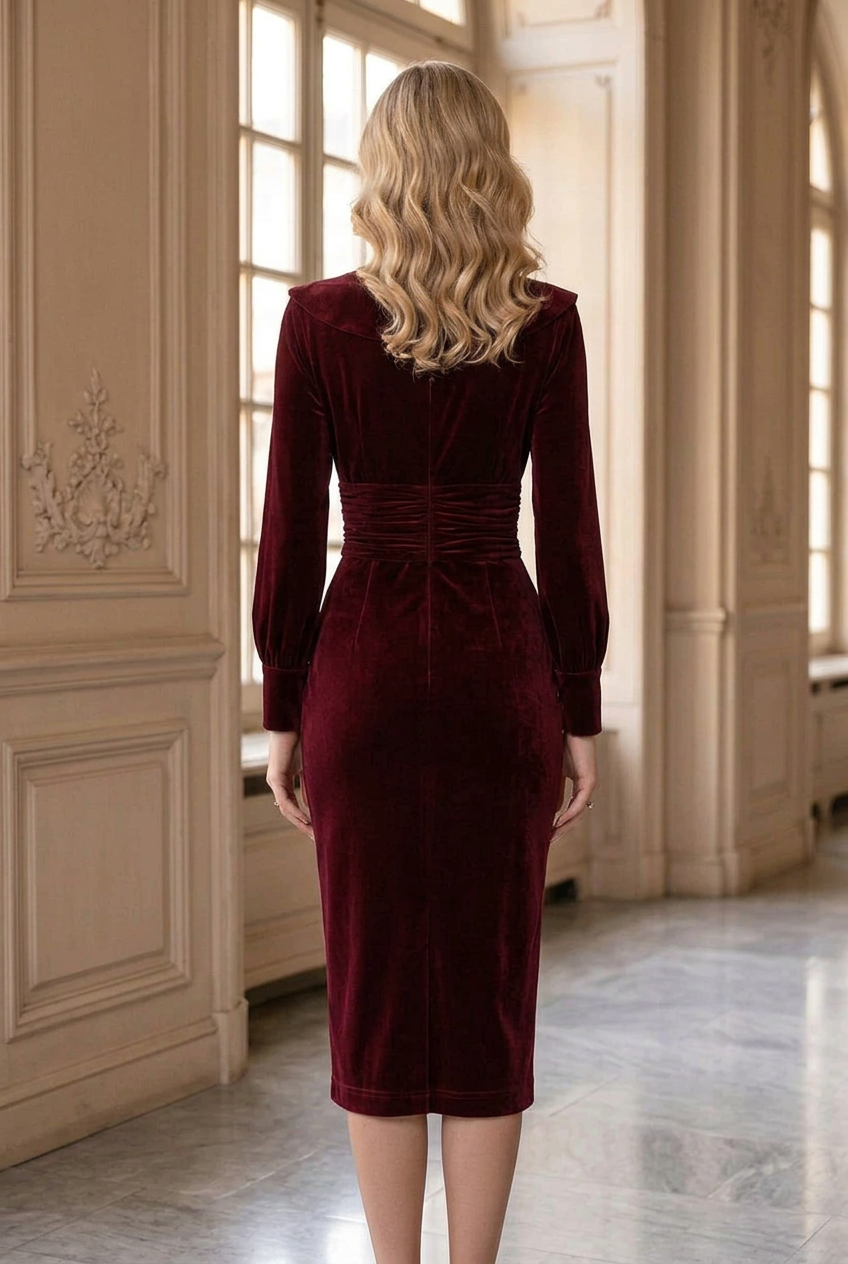 Velvet Midi Sheath Dress with Pointed Collar