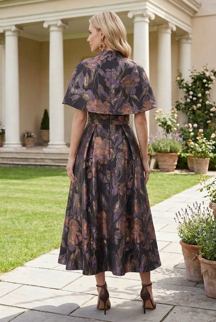 Floral Jacquard Capelet Midi Dress