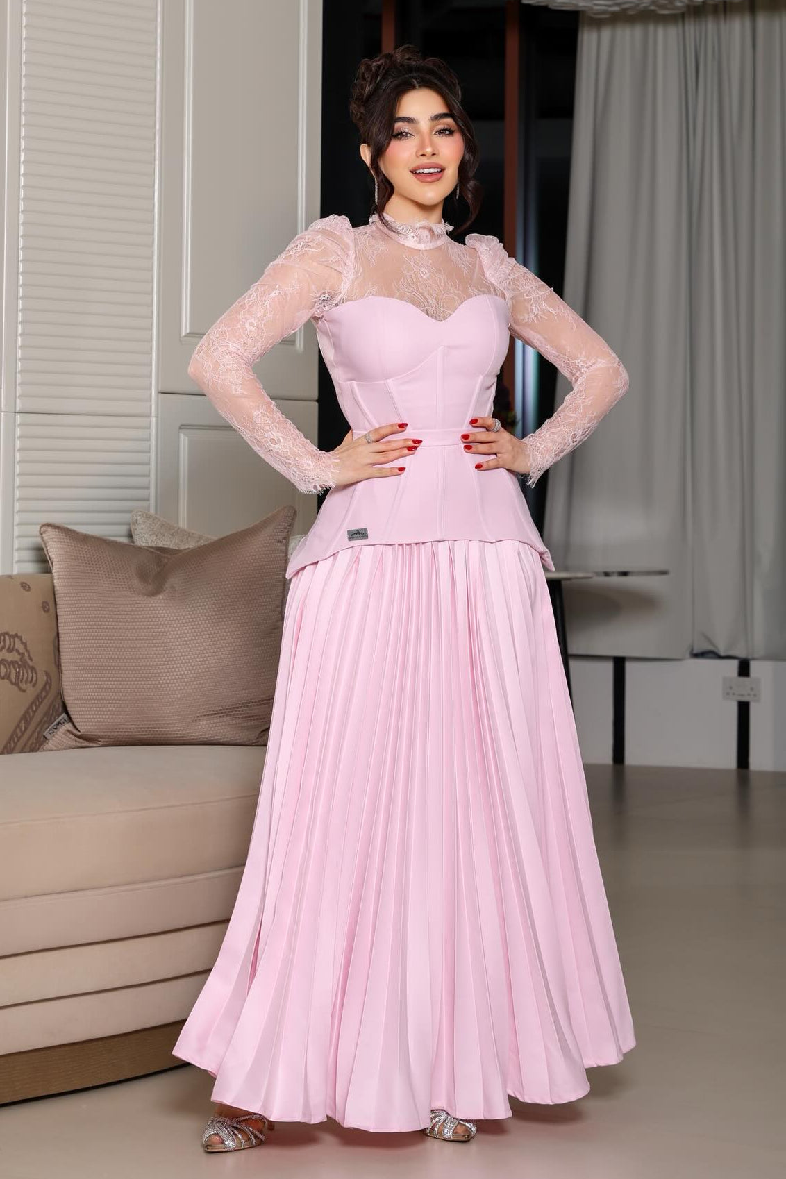 Elegant Lace High-Neck Corset & Pleated Maxi Gown Custom Color