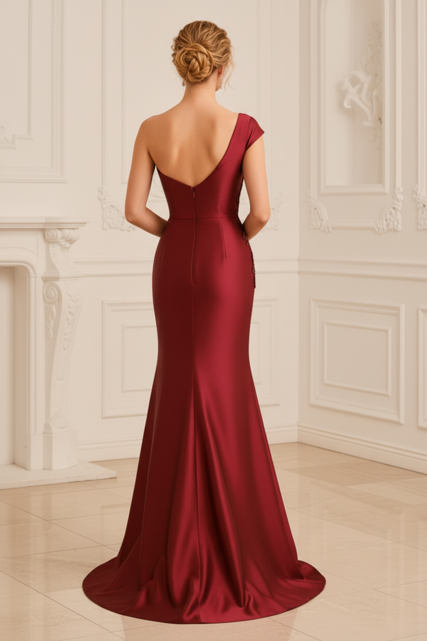 One-Shoulder Beaded Mermaid Evening Gown