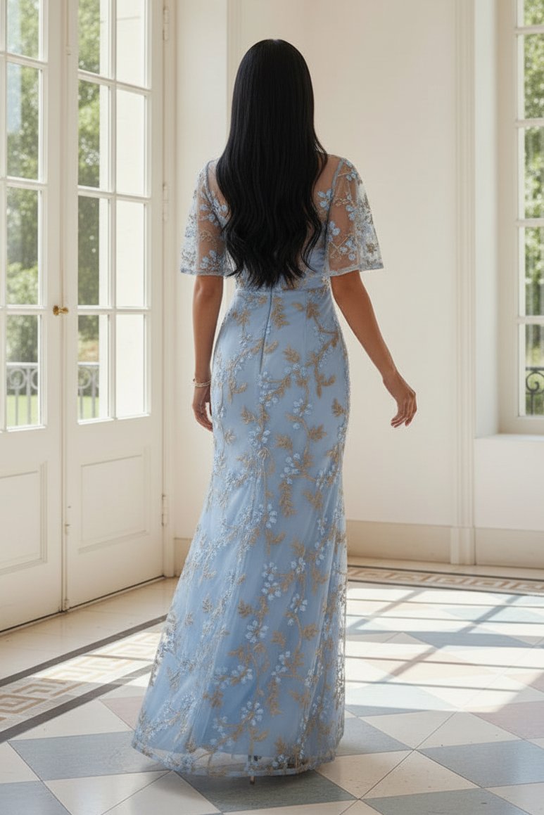 Embroidered Floral Illusion Flutter Sleeve Gown