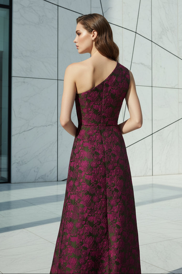One-Shoulder Pleated Jacquard A-Line Gown