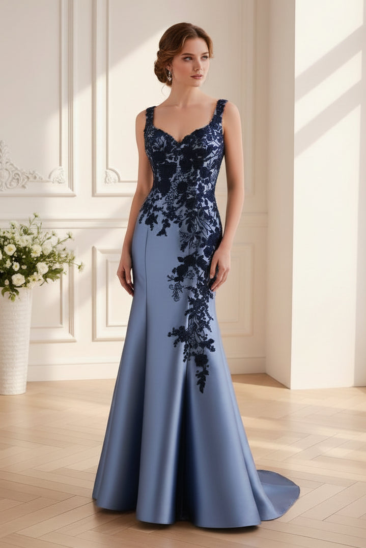 Beaded Lace Applique Satin Trumpet Evening Gown