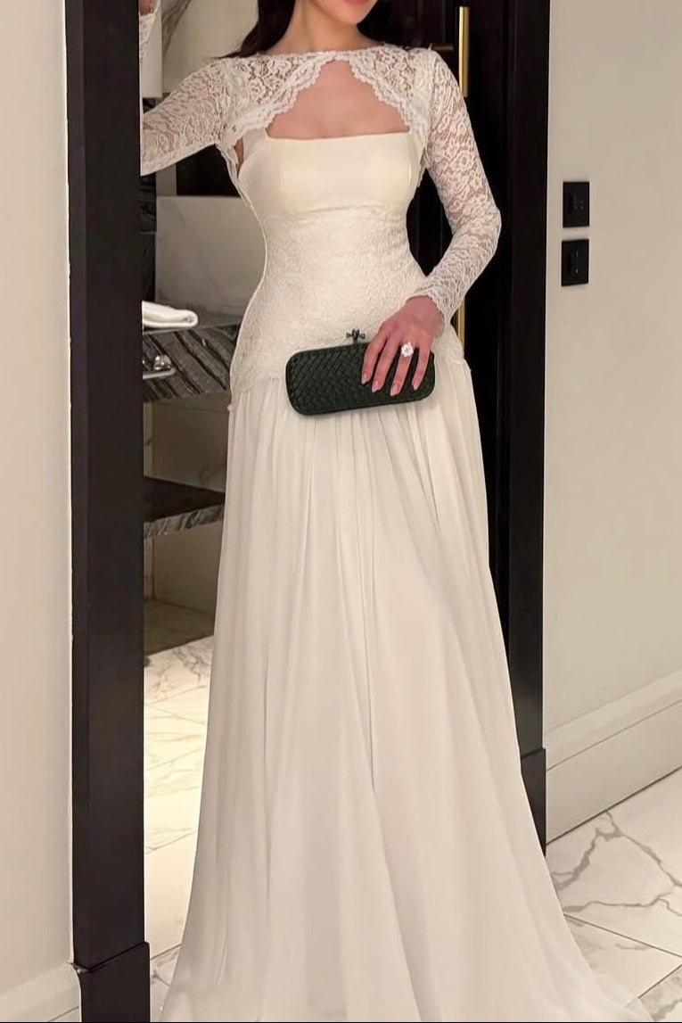 Vintage Long Sleeve Lace Square Neck Wedding Dress White