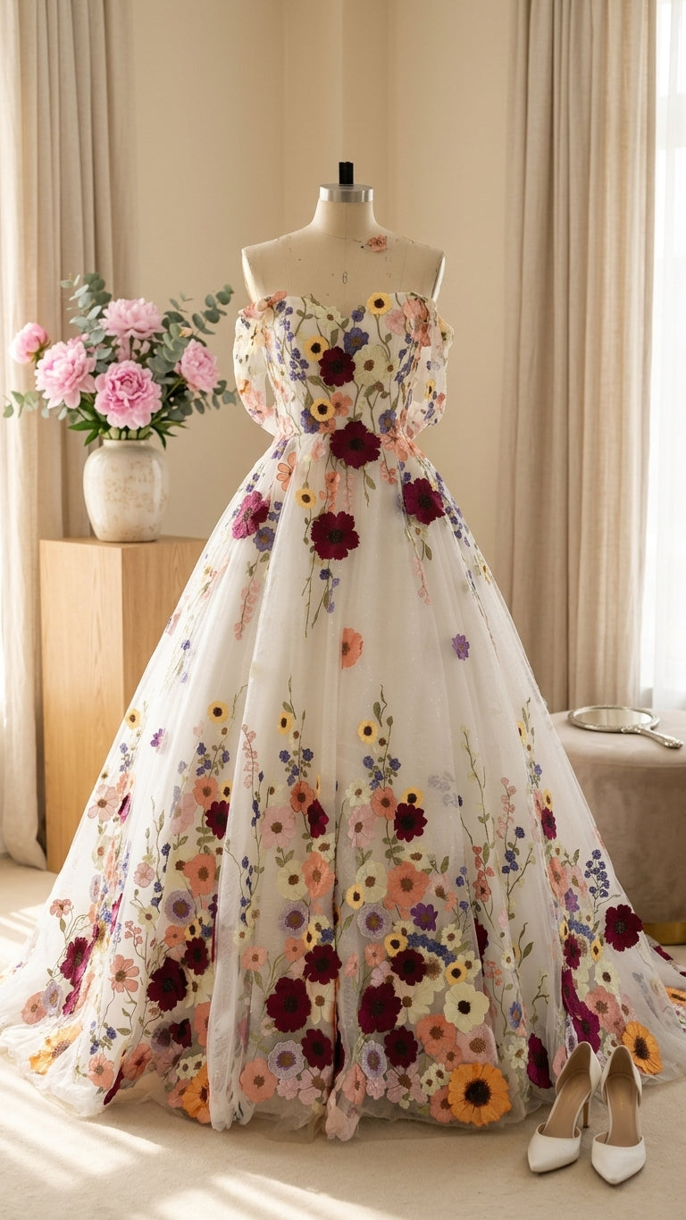 Floral Applique Tulle Off Shoulder Gown