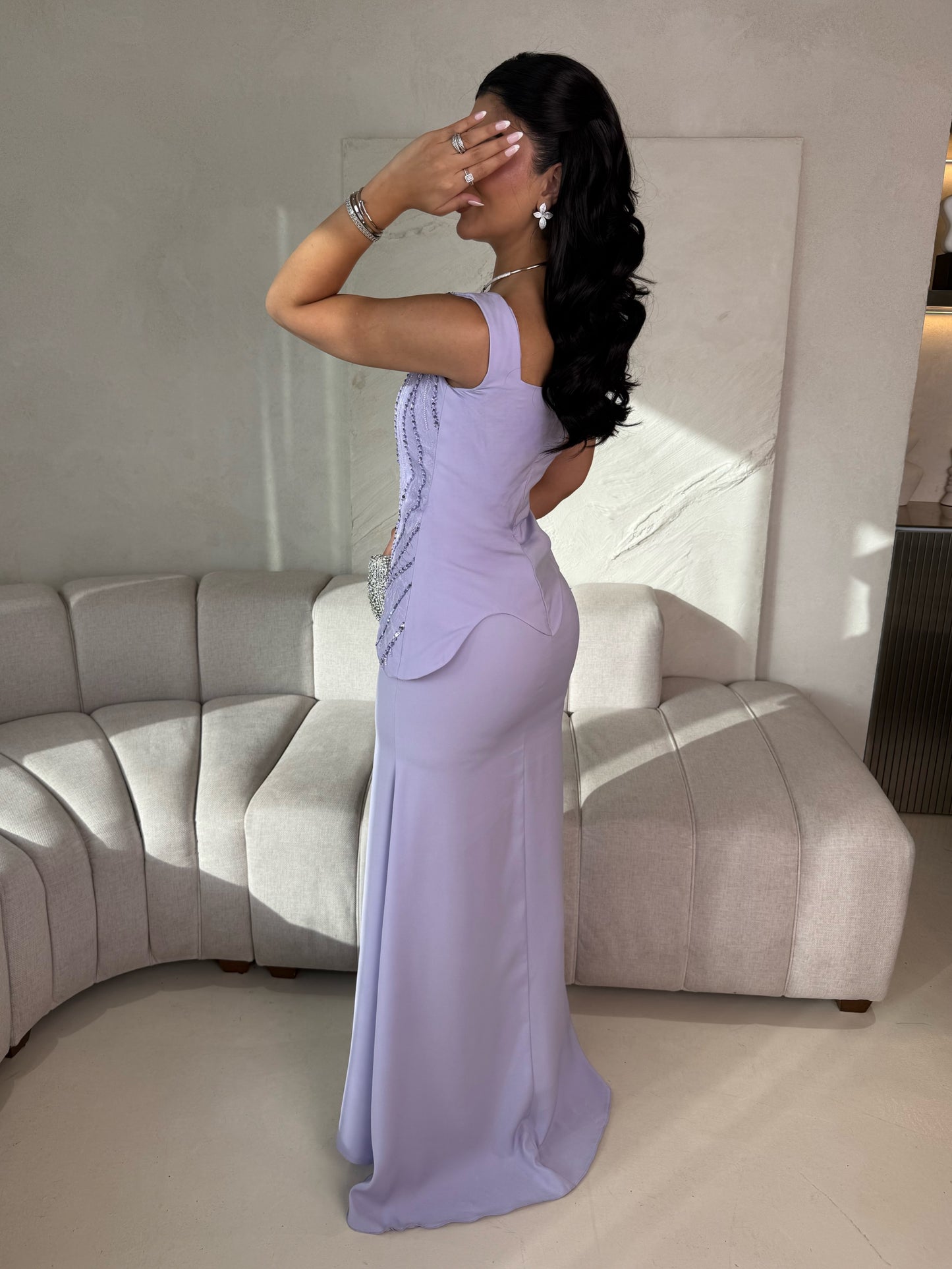 Square Neck Beaded Peplum Two-Piece Evening Gown