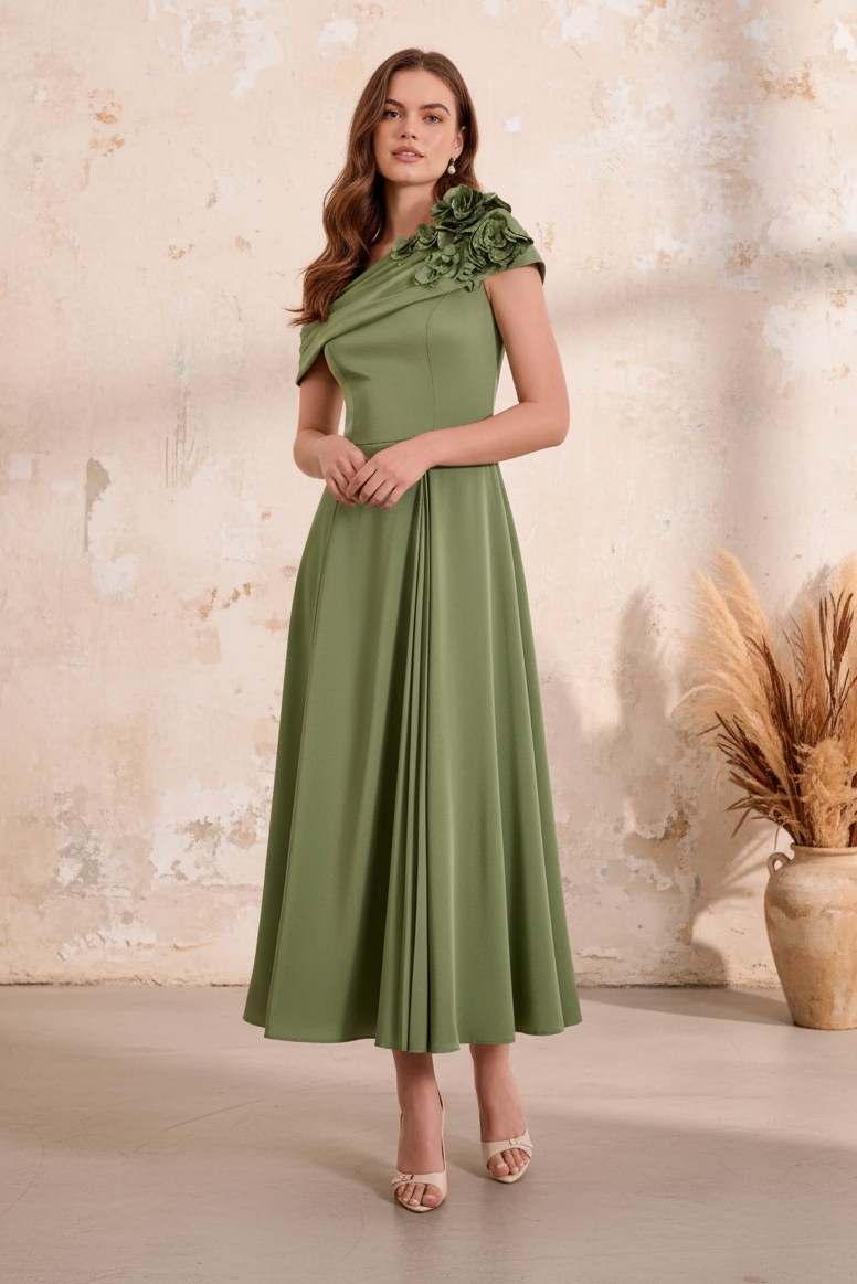 3D Floral One Shoulder A-Line Midi Dress
