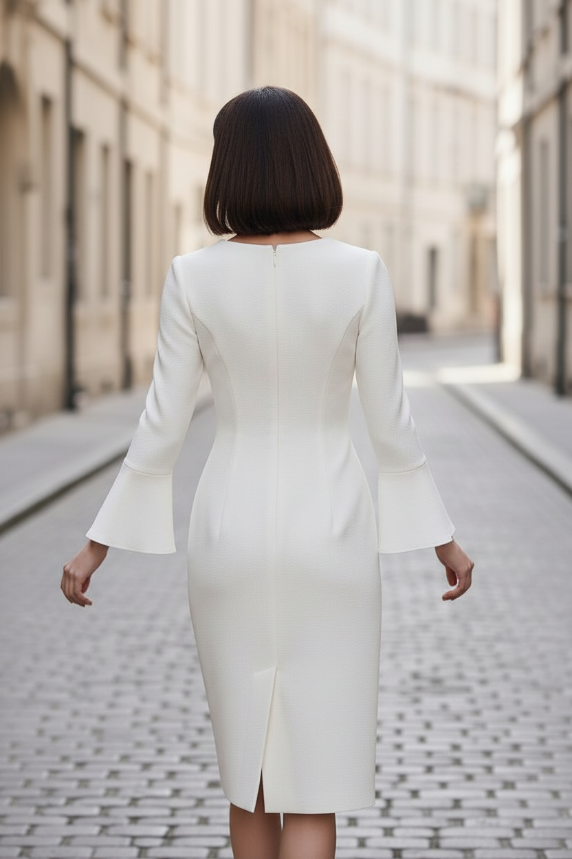 Notch Neck Bell Sleeve Midi Sheath Dress
